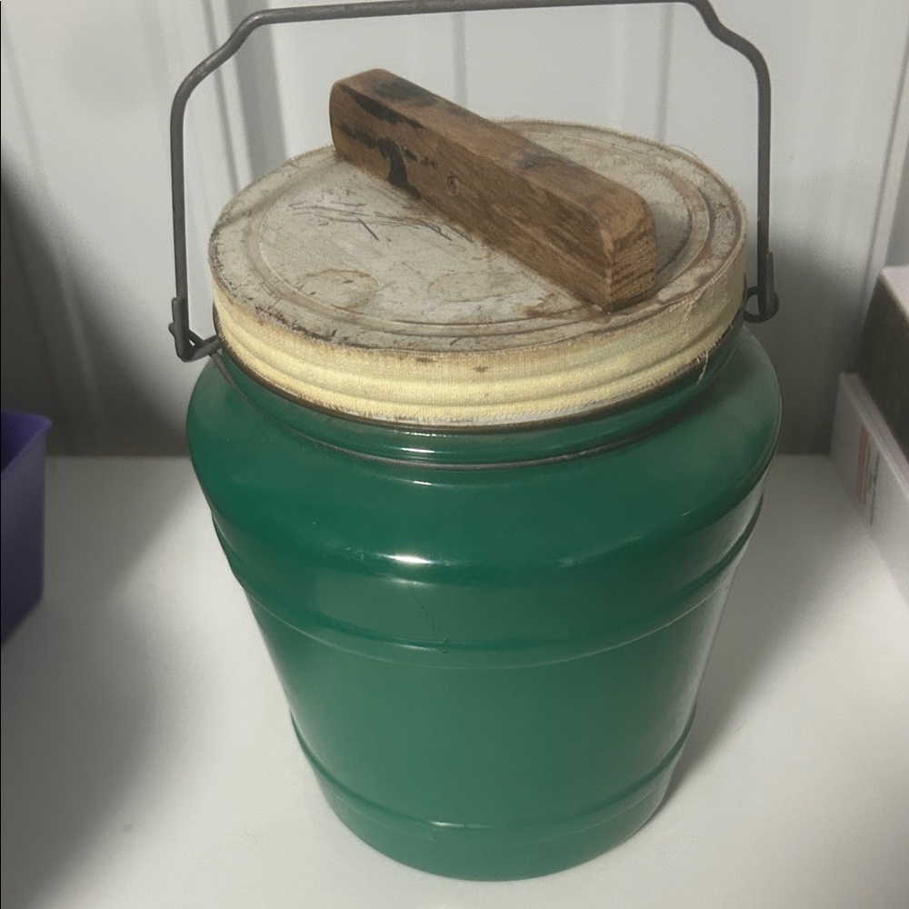 Appetite herring Vintage Green glass  Canister with Wooden Handle